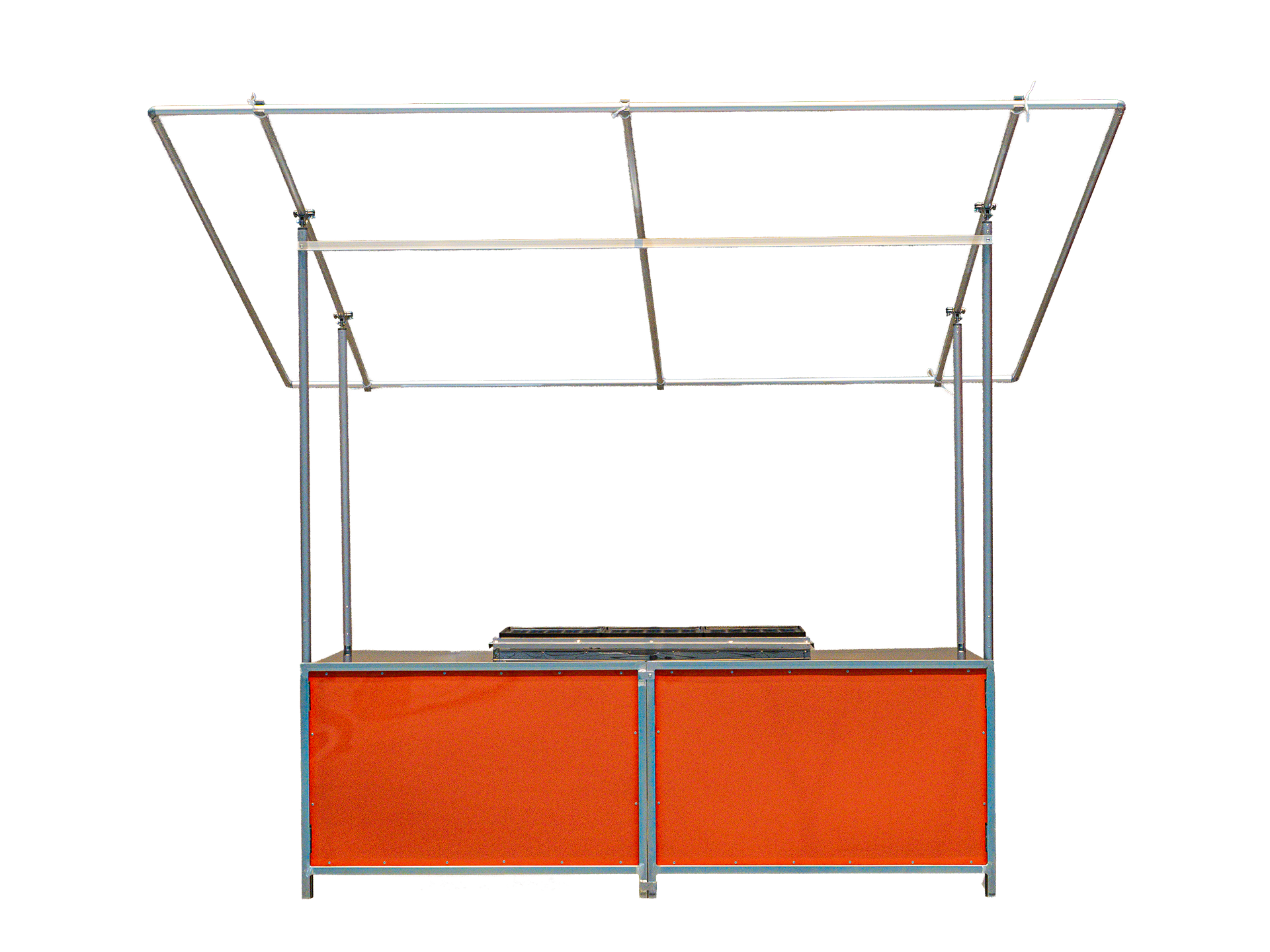 4本柱三寸の骨組み。構造上、左右および全面に飛沫防止用の風貌透明ビニールシートを装着可能